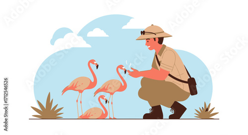 Enthusiastic Explorer Interacting With Flamingo Flock In An Outdoor Oasis Scene