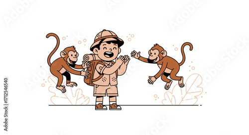 Enthusiastic Explorer Interacting With Playful Monkeys During A Fun Adventure