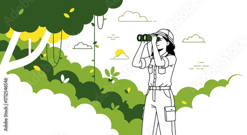 Enthusiastic Explorer Searching Nature With Binoculars Observing The Wilderness Landscape
