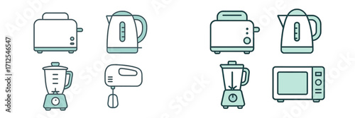 Kitchen appliances arranged in two sections with various functions for daily cooking and food preparation
