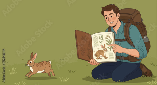 Enthusiastic Explorer Studies Rabbit Guide While Observing Lively Woodland Fauna