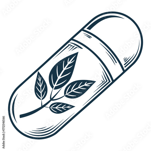 Stylized illustration of a capsule containing a sprig with leaves symbolizing natural medicine and herbal supplements