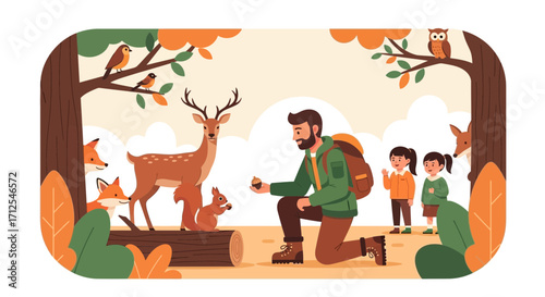 Discovering Autumnal Wonder With Animals And Children In A Forest Scene Depiction