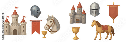 Medieval elements featuring castles, knights, and horses decorated for a festive celebration in a fantasy setting