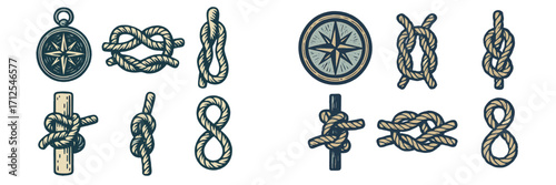 Collection of nautical symbols and rope knots displayed for guidance and skill in sailing and outdoor activities