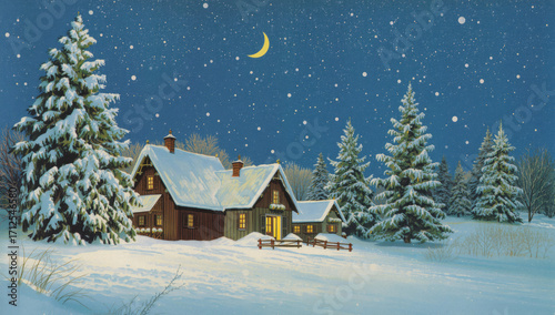 vintage drawing of a winter snow-covered house