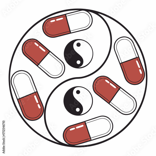 Yin yang symbol surrounded by red and white medical capsules representing balance in healthcare and medicine