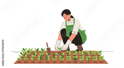 Enthusiastic Gardener Planting Sprouts in Her Garden with Cultivating Tools and Joyful Expression