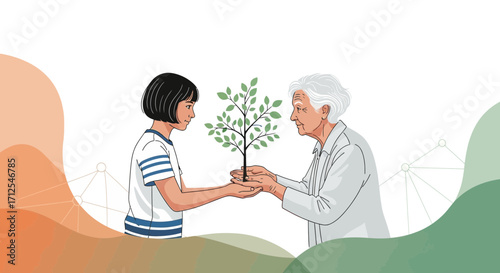 Generational Connection: A Young Person And Elder Celebrate The Gift Of A Growing Tree