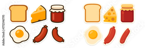 Delicious breakfast spread with eggs, sausages, bread, cheese, and jam on a simple kitchen countertop