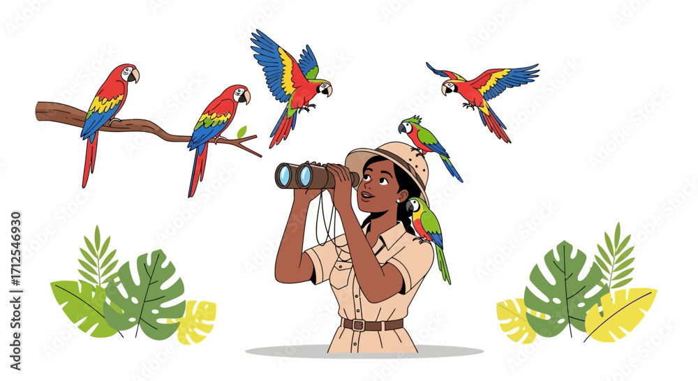 Fototapeta premium Enthusiastic Observer of Tropical Birds Awaits, Discovering Natural Wonders and Fauna