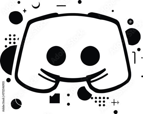 Discord Logo Illustration — Minimalist Black and White Design Featuring Stylized Game Controller Face with Circular Eyes and Curved Smile Surrounded by Abstract Geometric Shapes Representing Digital 