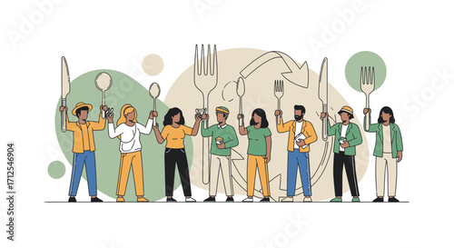 Diverse Group Advocating Sustainable Practices With Utensils in a Circular Ecosystem