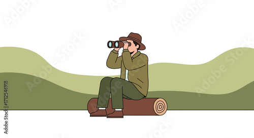 Enthusiastic Observer Gazing Through Binoculars, Resting on Log Amidst Greenery