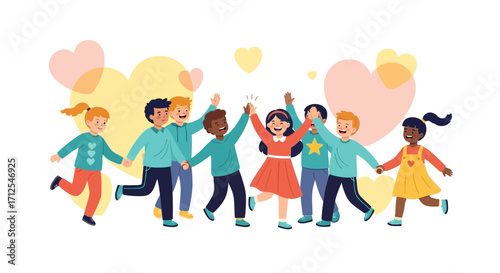 Diverse Group Of Joyful Schoolchildren Holding Hands Highlighting Togetherness and Friendship