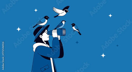 Enthusiastic Observer Spotting Avians Using Binoculars Beneath The Nighttime Sky