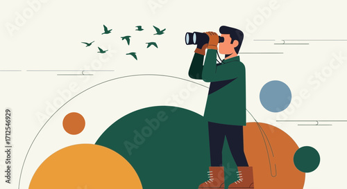 Enthusiastic Observer Outdoors, Watching Birds With Binoculars, Enjoying The View