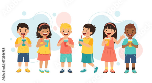 Diverse Group Of Playful Kids Indulging In Refreshing Beverages With Joyful Expressions