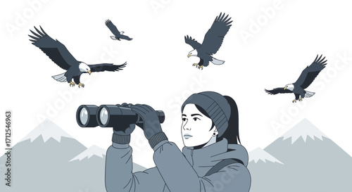 Enthusiastic Observer Spotting Eagles Soaring Above Mountain Peaks Amidst Nature