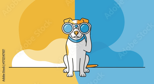 Dog Observing Through Large Binoculars Against a Split-Color Background
