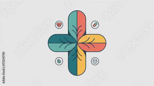 Healthcare logo design template medical cross with leaves and icons for health wellness and pharmacy brand