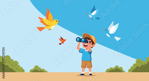 Enthusiastic Young Boy Observing Birds Through Binoculars In A Sunny Day