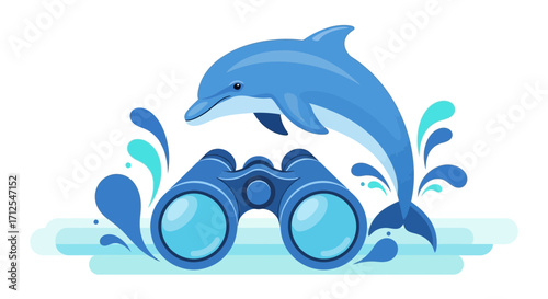 Dolphin Jumping Beside Binoculars With Water Graphics and White Background Design