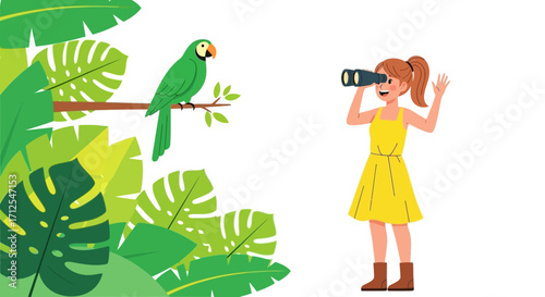 Enthusiastic Young Explorer Joyfully Watches Parrot in Lush Tropical Foliage