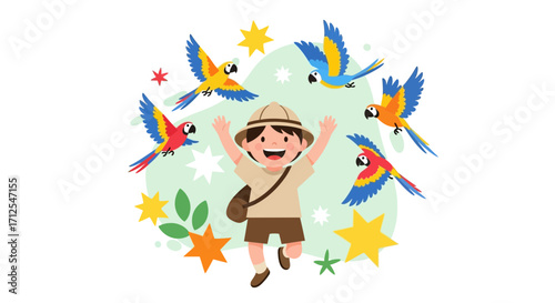 Enthusiastic Young Explorer Joyfully Interacting With Bright Colorful Parrots In A Playful Scene