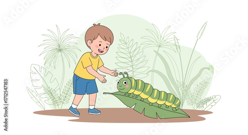 Enthusiastic Young Boy Appreciates A Large Caterpillar In A Green Garden