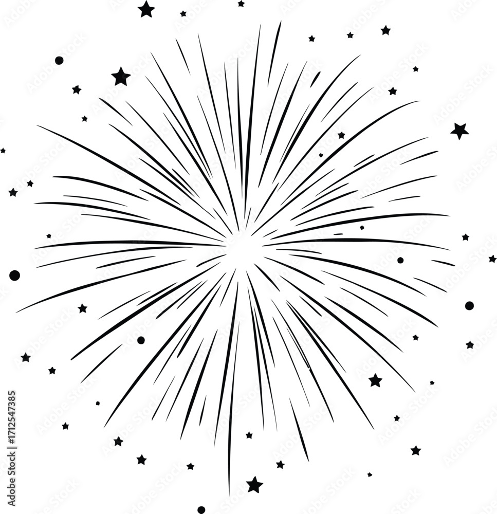 Obraz premium Festive Firework Burst Illustration — Minimalist Black and White Design Featuring Radiating Lines, Stars, and Dots in Stylized Explosion Pattern Representing Celebration, Joy, and Event Highlights