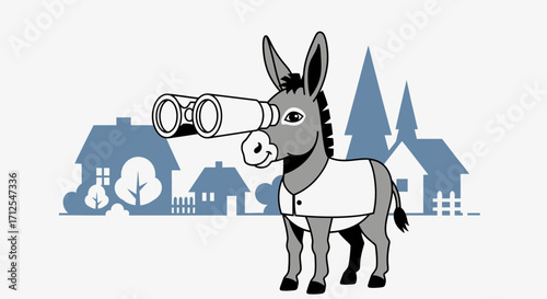 Donkey Observing The Horizon Through Binoculars Over Picturesque Suburb Icons