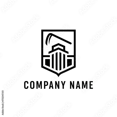 Modern Building with Scythe Logo Design for Construction or Agriculture Company.