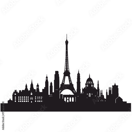Vector silhouette of Paris cityscape with the Eiffel Tower at sunset