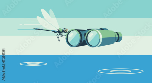 Dragonfly Observes Using Binoculars on Water, Nature Observation Concept Illustration