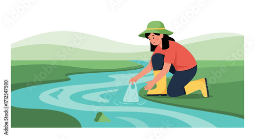 Environmentally Aware Person Cleaning Plastic Waste From Riverbank Protects Nature