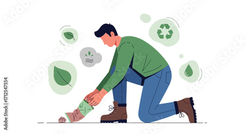 Environmentally Conscious Man Cleans Up Litter, Promoting Sustainability and Recycling