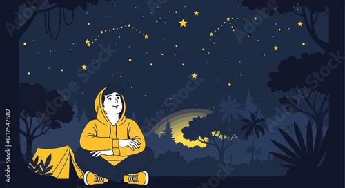 Envisioning Stargazing A Nighttime Forest Portrait With Camping Elements