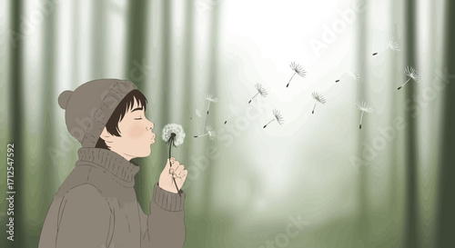 Dreamy Illustration Of A Person Blowing Dandelion Seeds In Nature With Forest Background