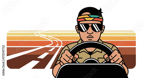 Driver Steering Vehicle On A Journey, Retro Illustration Depicting Road Trip Experience Journey