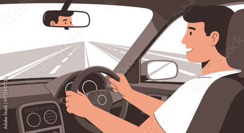 Driving Enthusiasm: Joyful Driver Navigating Open Road In A Comfortable, Modern Vehicle