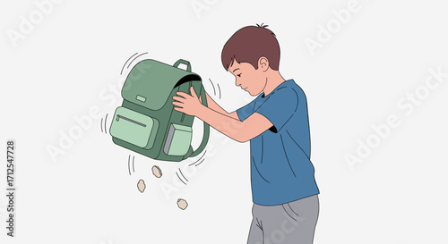 Boy shaking green backpack to empty contents on white background  