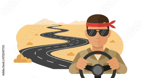 Driver Embarks On A Desert Journey Along Winding Road Towards The Horizon