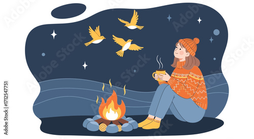 Evening Contemplation: Woman by Campfire, Birds Soaring Across Nighttime Sky Scene