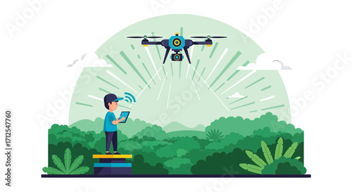 Drone Operator Overseeing Remote Flight In Lush, Green Landscape During Daylight Hours