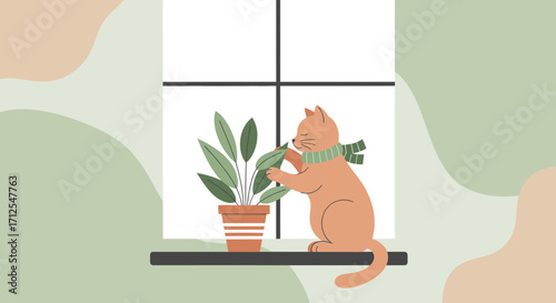 Gentle Cat Admiring Foliage Next To The Window, With Cozy Decorative Scarf