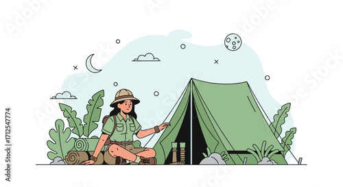 Evening Camping Adventure: Explorer Relaxes, Seeking Serenity Near Tent Under The Night Sky