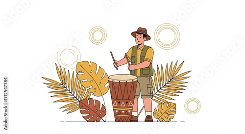 Drummer In Safari Outfit Performing Rhythms Surrounded By Tropical Foliage And Abstract Art
