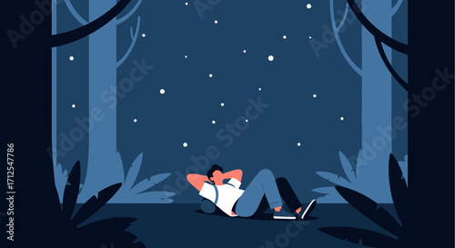 Evening Observer Relaxing Under The Night Sky, Enjoying The View, Peaceful Meditation