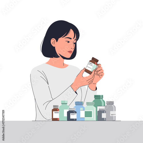Young woman examining medicine bottle among various supplements on table  